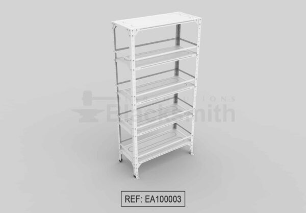 ESTANTERÍA ABIERTA BLACKSMITH C20 EN LÁMINA GALVANIZADA CON PLATINA ANTIVUELCO PERIMETRAL EN CADA ENTREPAÑO 100X50X180